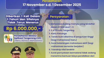Pemkot Tangerang Buka Pendaftaran Bansos Mahasiswa Perubahan TA 2026, Cek Syarat dan Cara Daftarnya